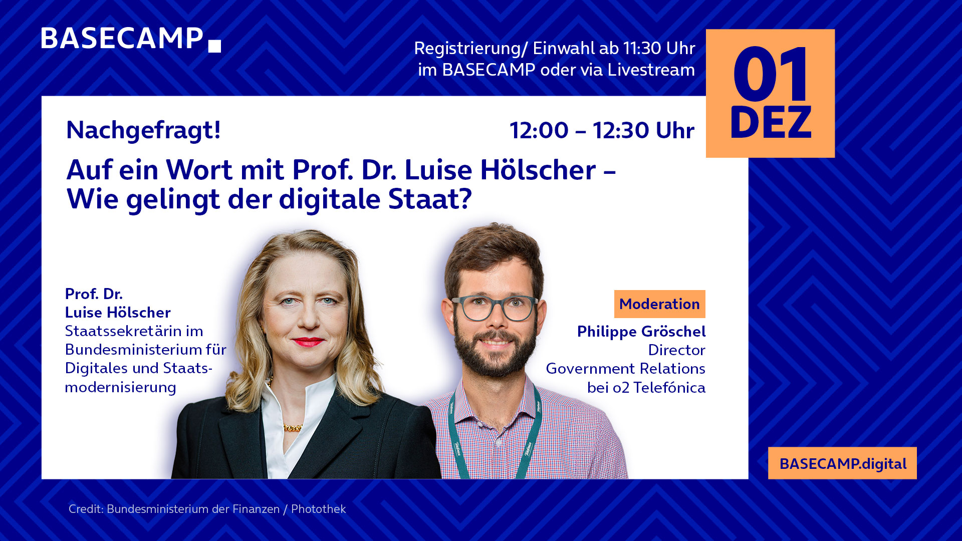 Ankündigungsplakat für die Veranstaltung BASECAMP Nachgefragt!: Auf ein Wort mit Prof. Dr. Luise Hölscher – Wie gelingt der digitale Staat? am 01.12.2025 um 12:30 Uhr.
