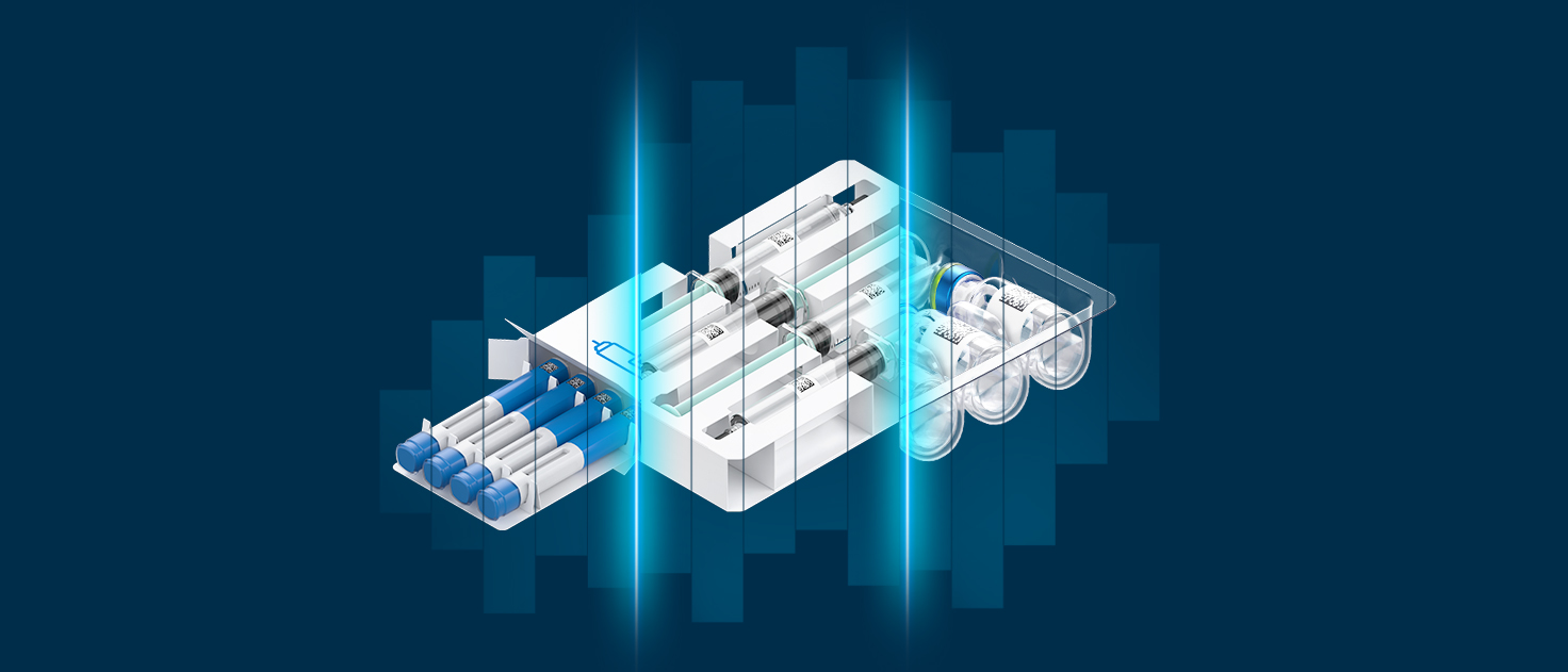 A rendering showcasing three different parenteral products packaged in paper and plastic materials 