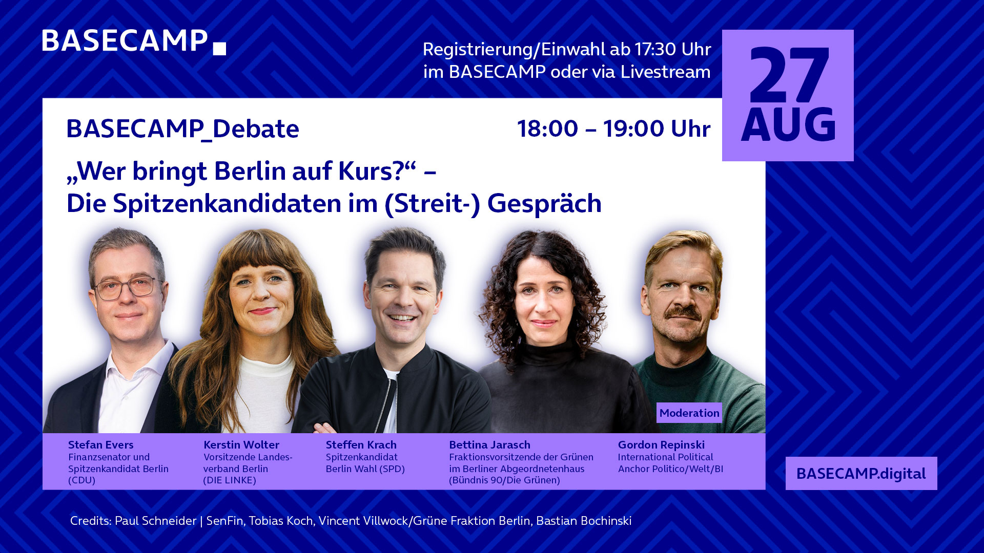 BASECAMP_Debate: „Wer bringt Berlin auf Kurs?“ – Die Spitzenkandidaten im (Streit-) Gespräch
