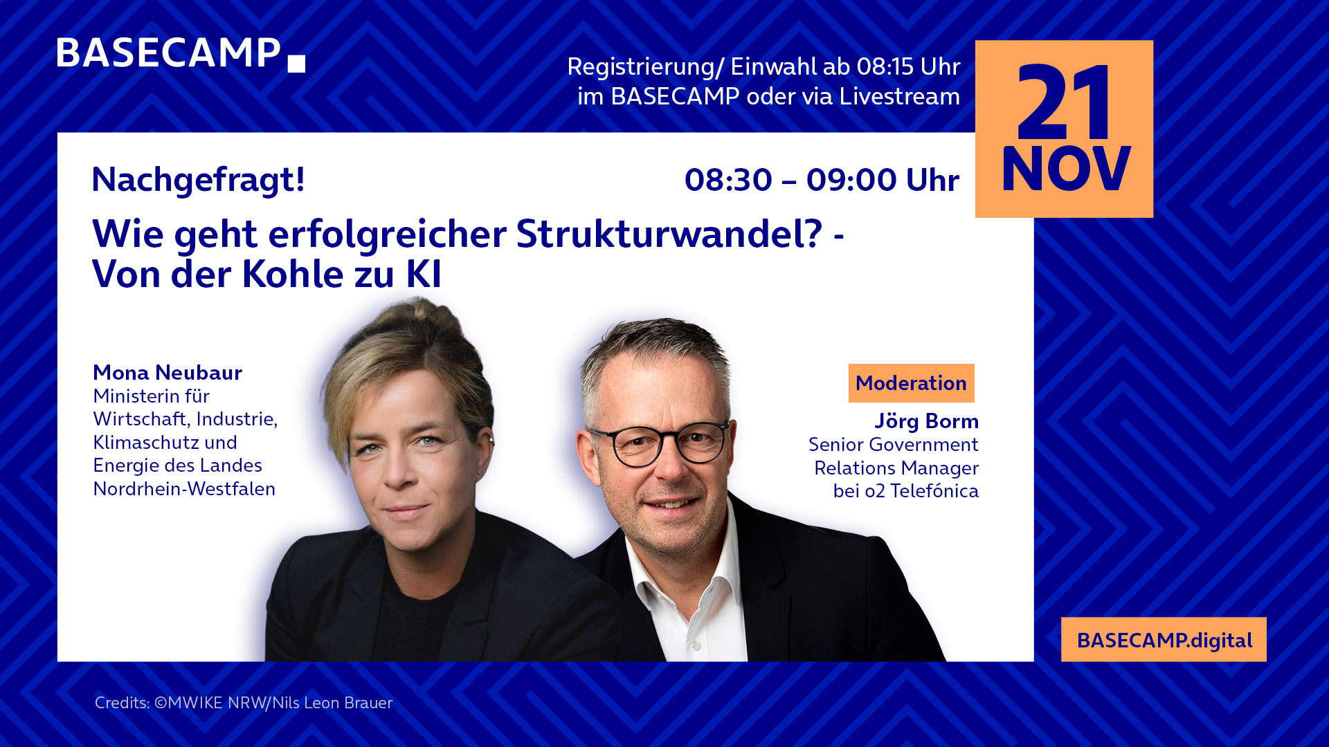 Ankündigungsplakat für das Event BASECAMP Nachgefragt!: Wie geht erfolgreicher Strukturwandel? – Von der Kohle zu KI am 21.11.2025 um 08:30 Uhr
